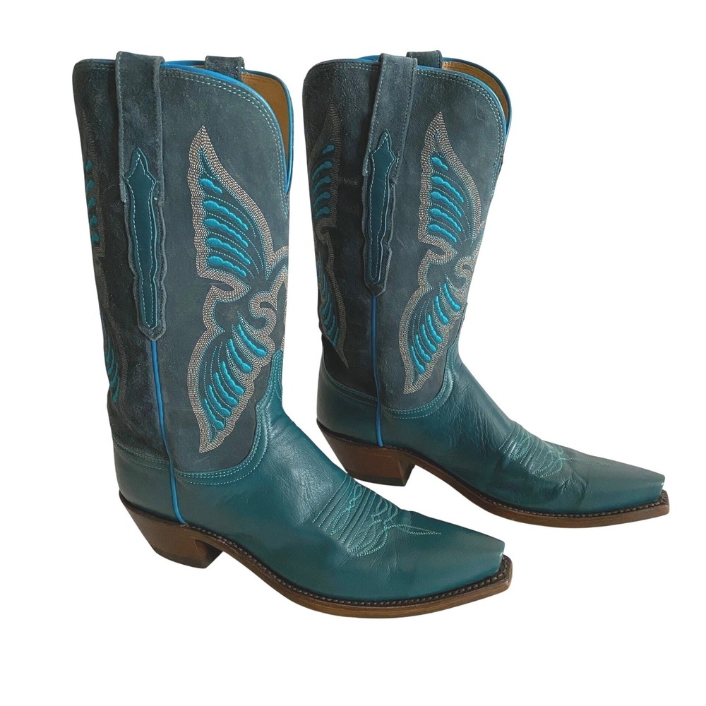 Lucchese Evangeline Teal Goat Leather + Suede Snip Toe Cowboy Boots 9.5B